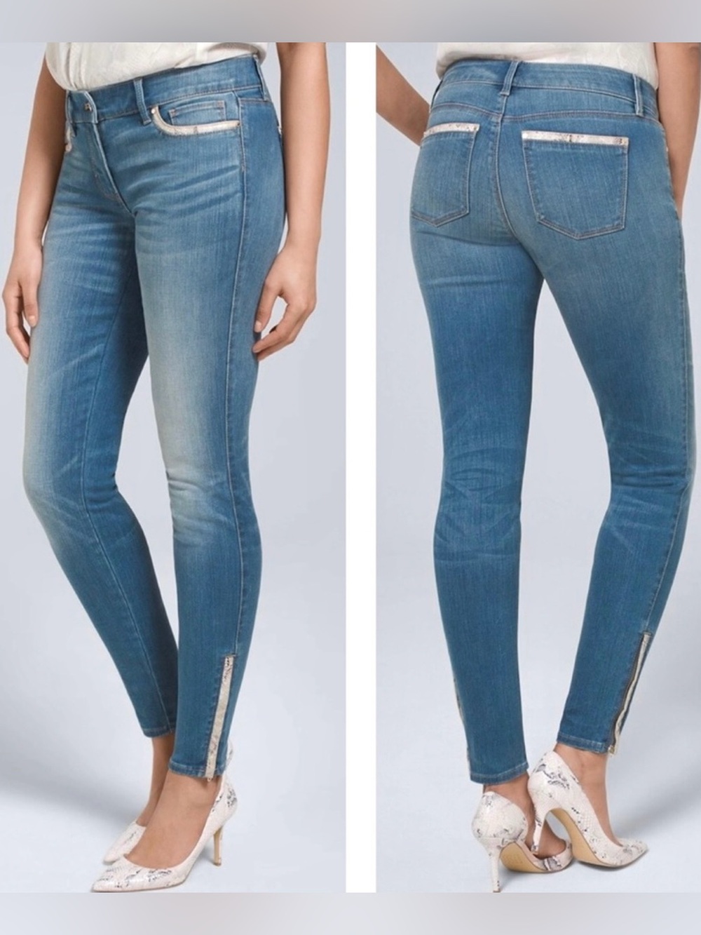 WHBM Light Blue Skinny Jeans with Leather Snakeskin Ankle Zips 10